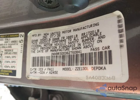 2006 Toyota Corolla Ce из США, поврежденный, VIN 1NXBR32E06Z760841